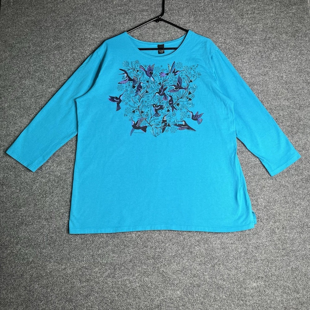 Sabaku Artwear‎ Bouquet Of Hummingbirds Top XL Blue Artsy 3/4 Sleeve